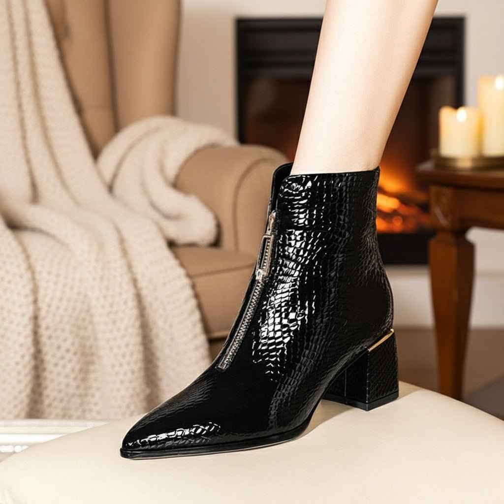 Bottines Femme Cuir Vache Talon Épais 6cm - Chic et Élégantes à Bout Pointu