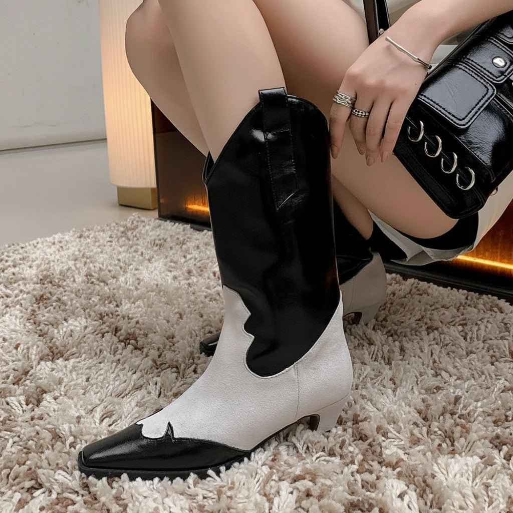 Bottines Femme Cuir Vache Western Mi-Mollet - Style Automne Hiver