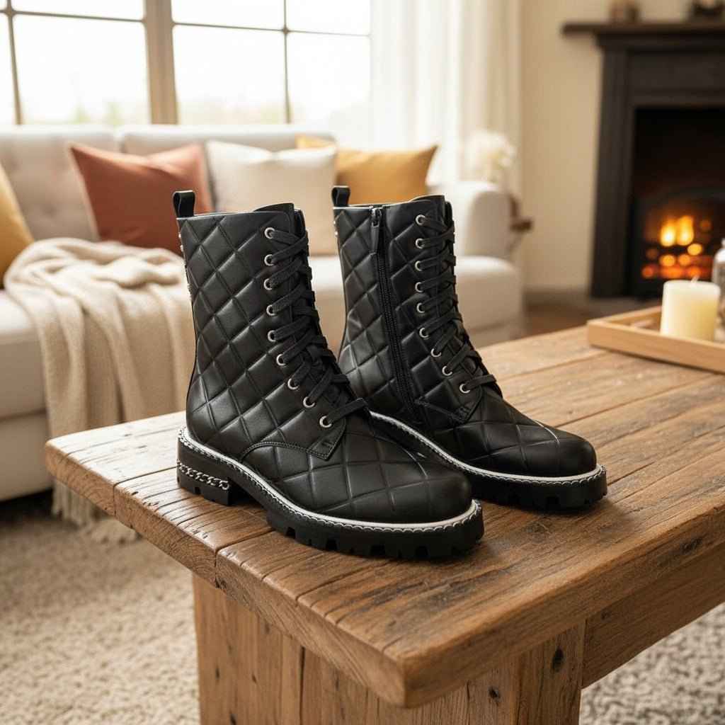 Bottines Femme Cuir Véritable à Lacets - Talon Bas pour Automne Hiver