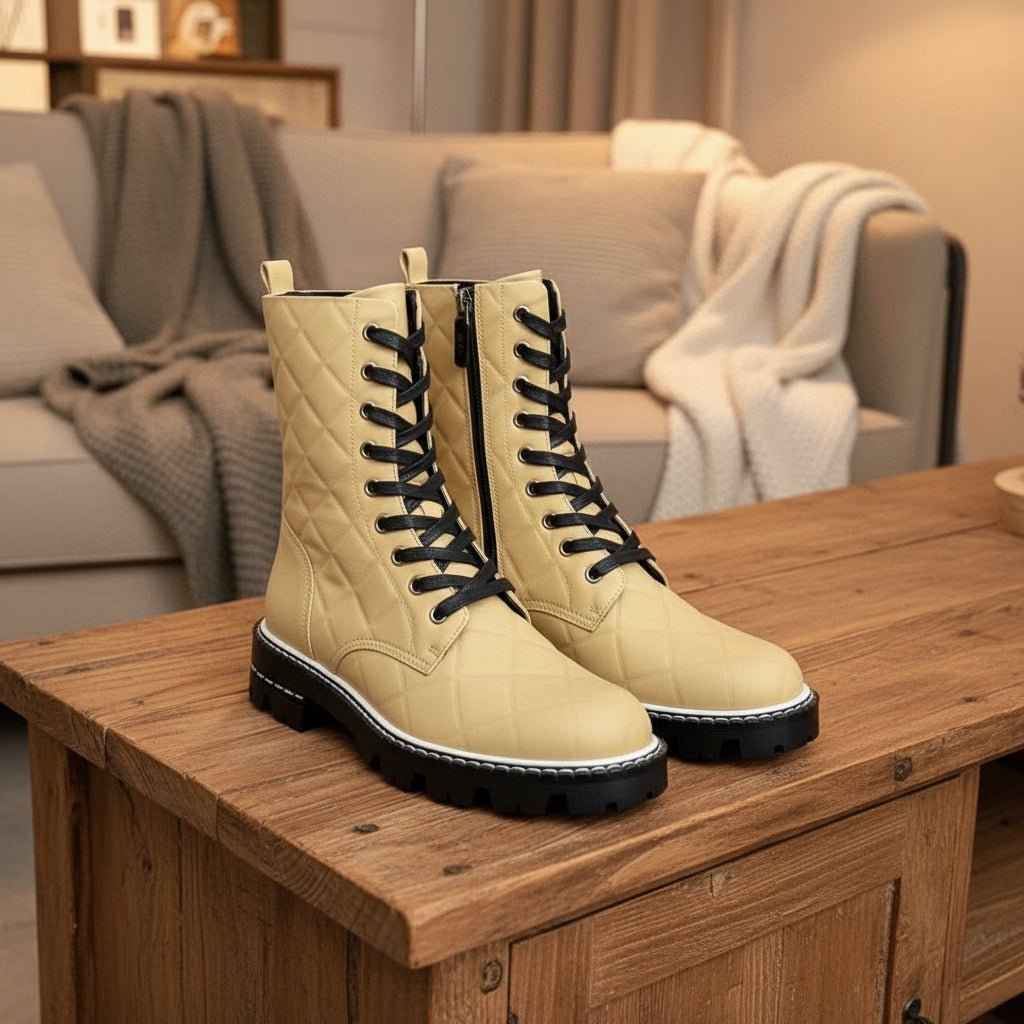Bottines Femme Cuir Véritable à Lacets - Talon Bas pour Automne Hiver