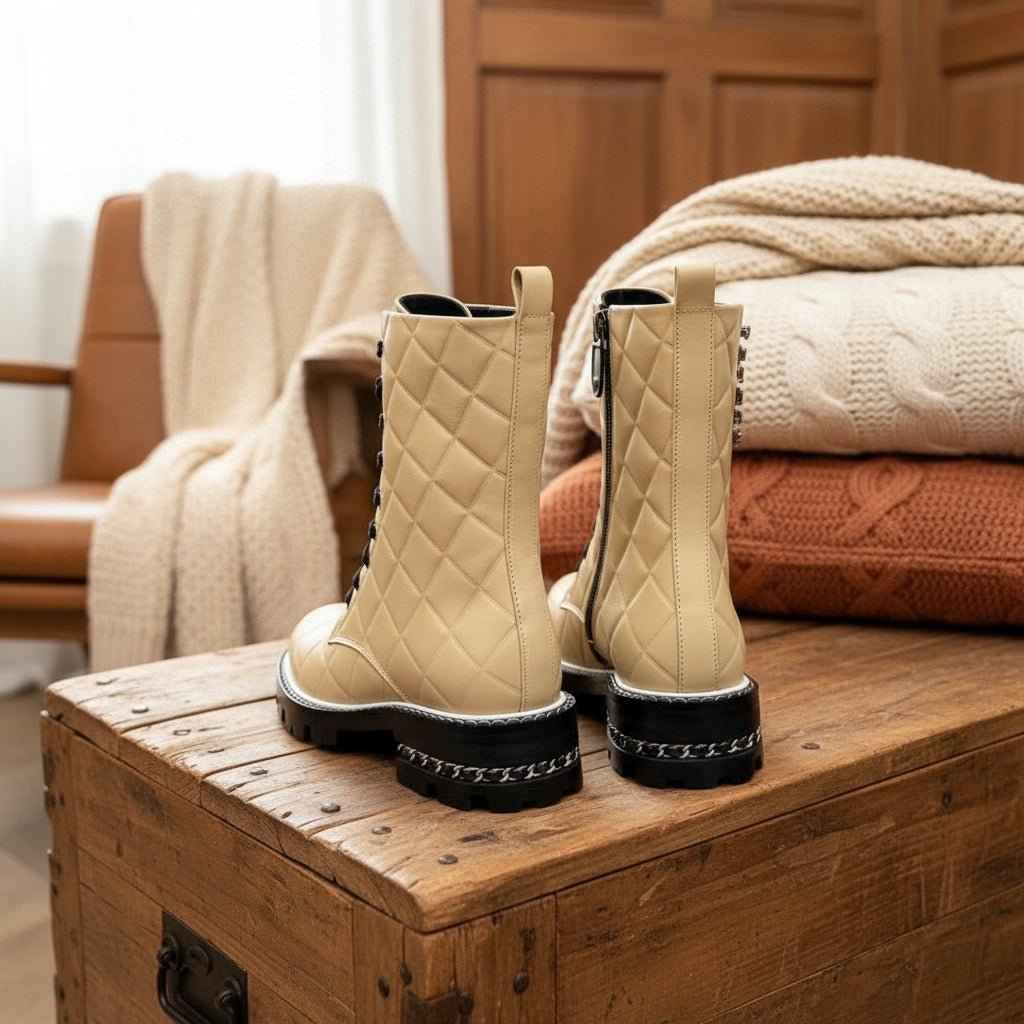 Bottines Femme Cuir Véritable à Lacets - Talon Bas pour Automne Hiver