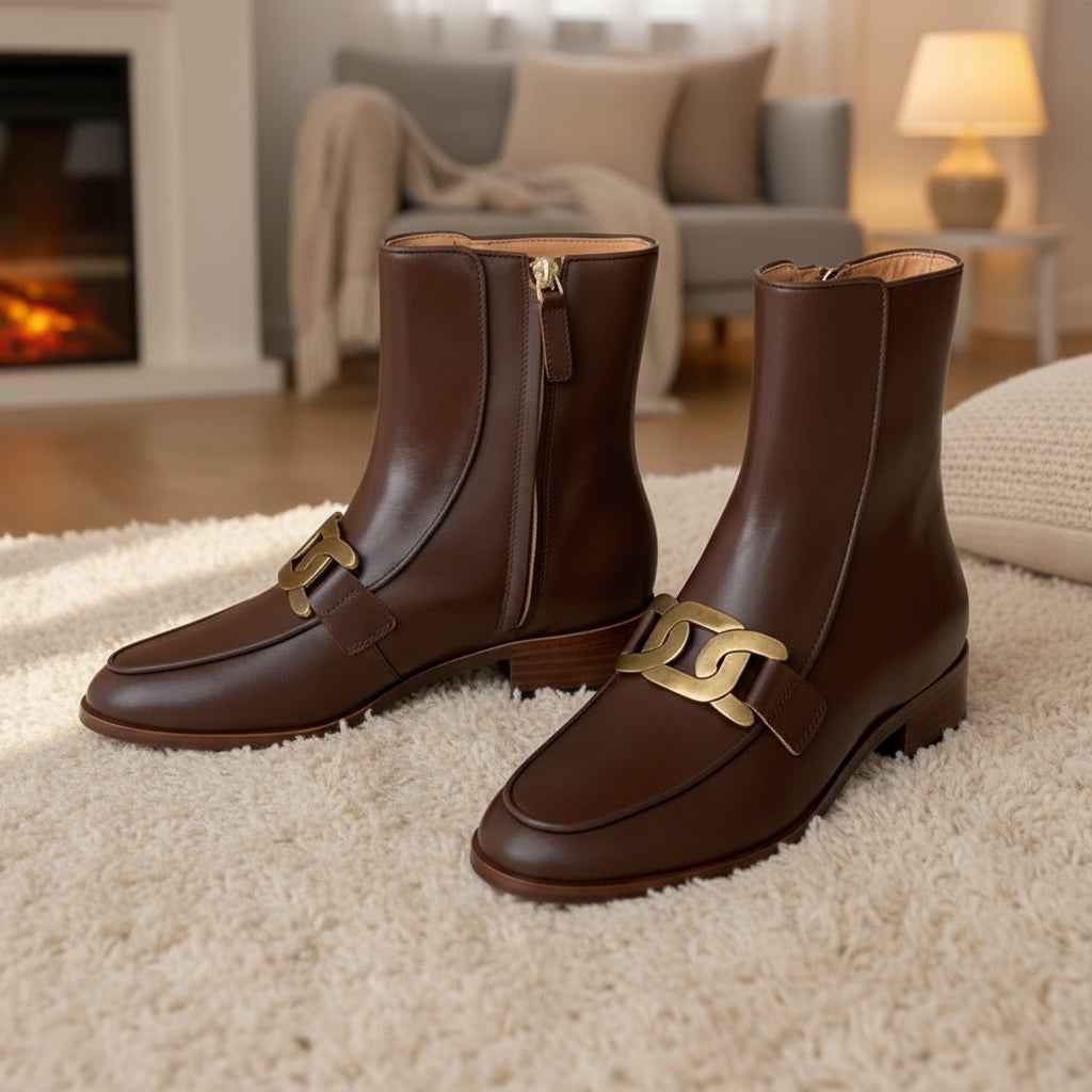 Chelsea Boots Femme Cuir Premium - Boucle Métallique et Talons Moyens pour Hiver