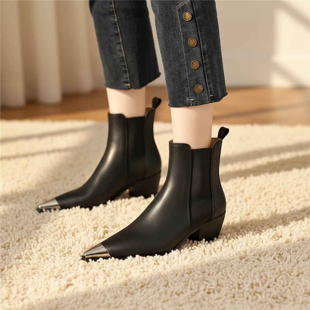Chelsea Boots Femme Cuir Vache avec Talons Épais et Décoration Métallique - Idéal pour le Bureau en Automne