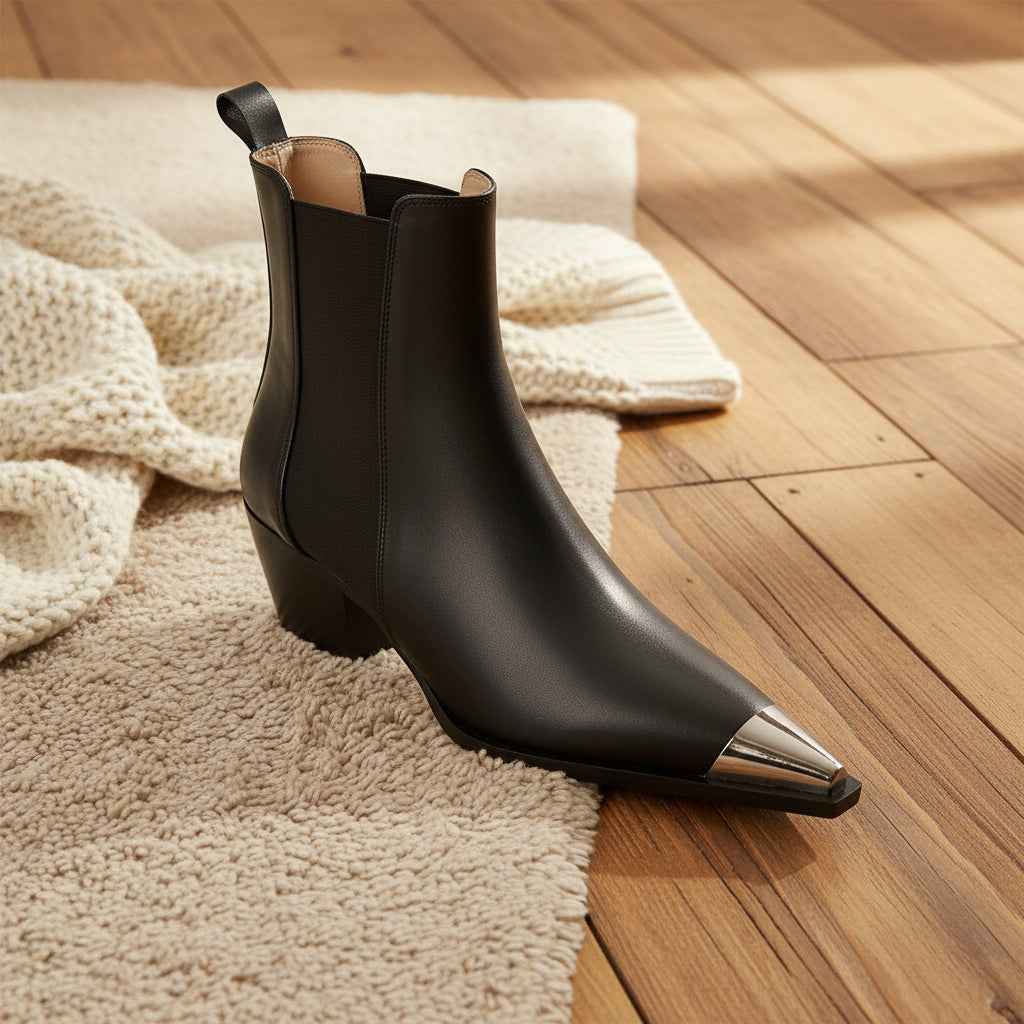 Chelsea Boots Femme Cuir Vache avec Talons Épais et Décoration Métallique - Idéal pour le Bureau en Automne