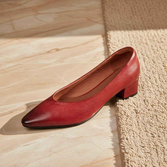 Escarpins Femme Cuir Véritable Rouge - Talons Épais Confort Bureau Élégants