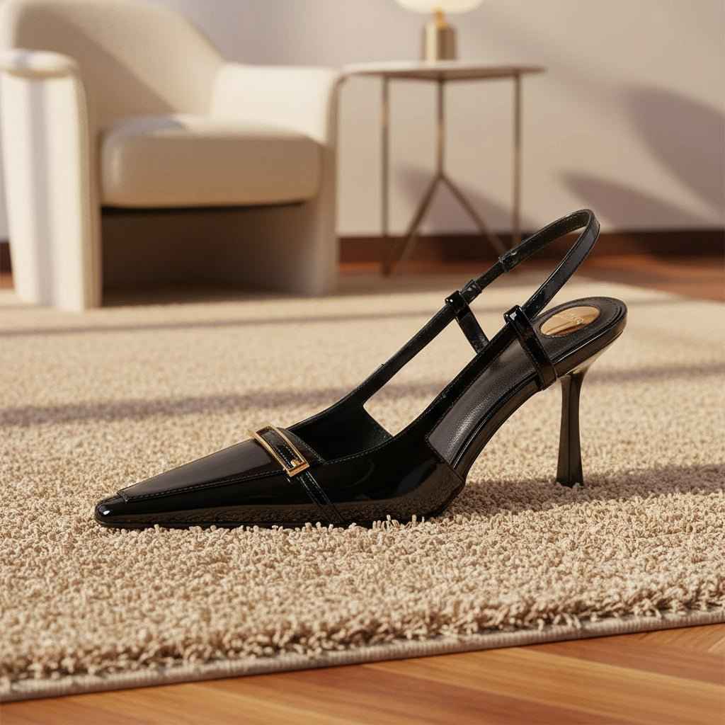 Escarpins Femme Cuir Verni Bout Pointu - Talons Hauts avec Bride Arrière