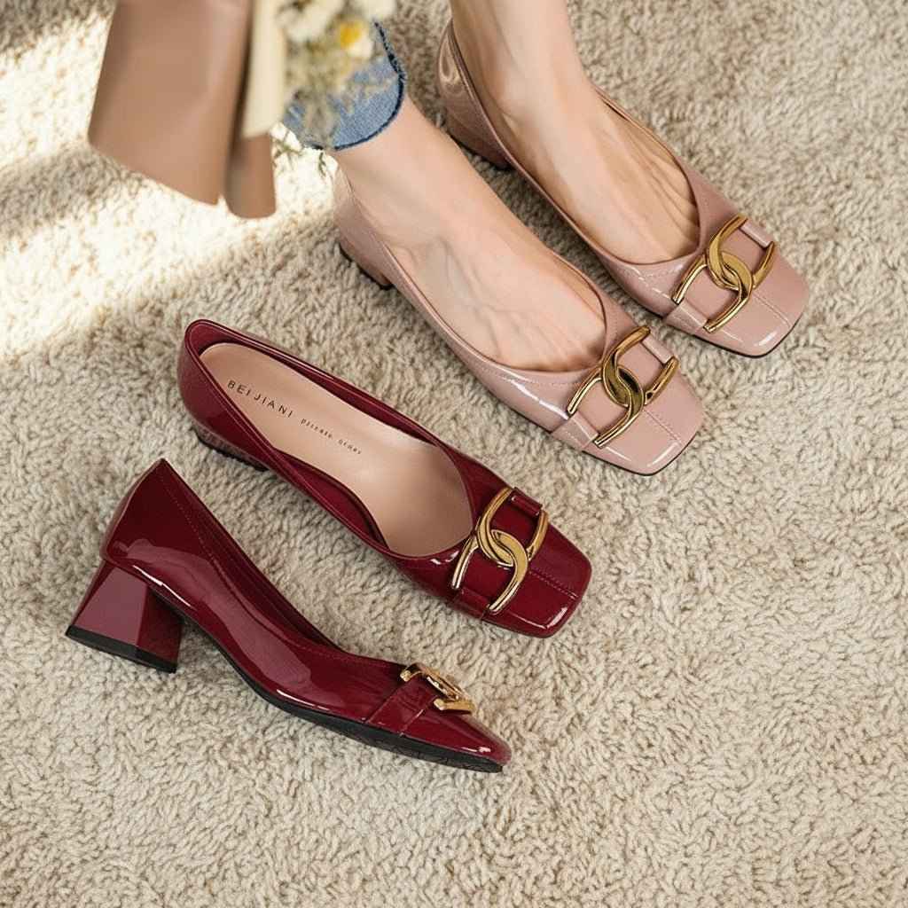 Escarpins Femme Cuir Verni Talons Épais - Style et Confort Inégalés