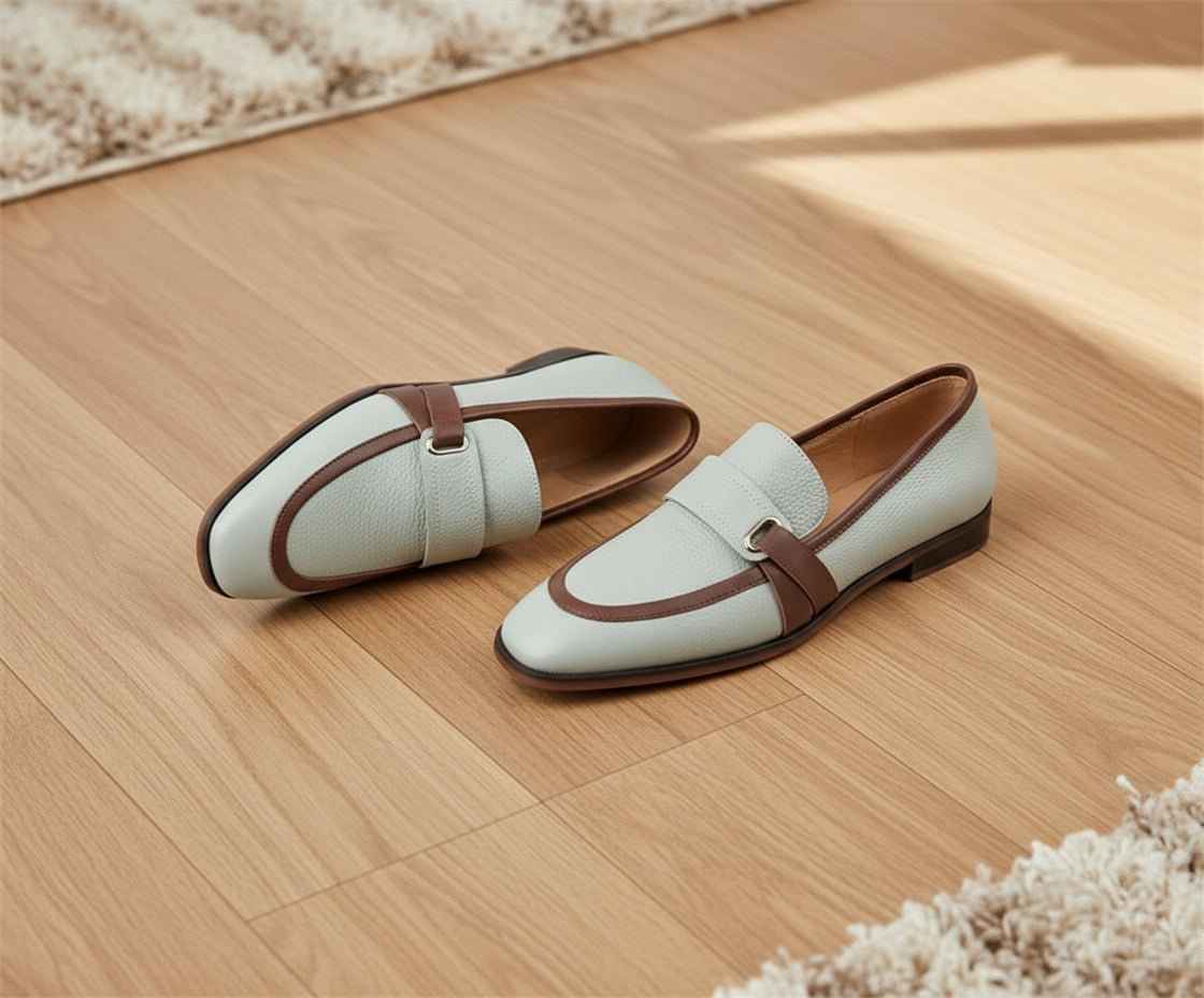 Mocassins Femme Cuir Rétro Gris - Élégance et Confort Premium Bout Carré