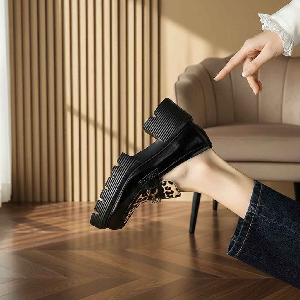 Mocassins Femme Cuir Léopard - Élégance et Confort avec Plateforme Slip-On