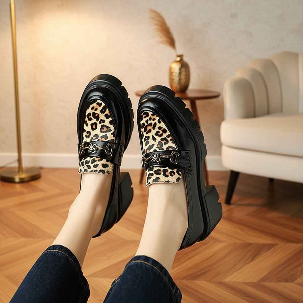 Mocassins Femme Cuir Léopard - Élégance et Confort avec Plateforme Slip-On