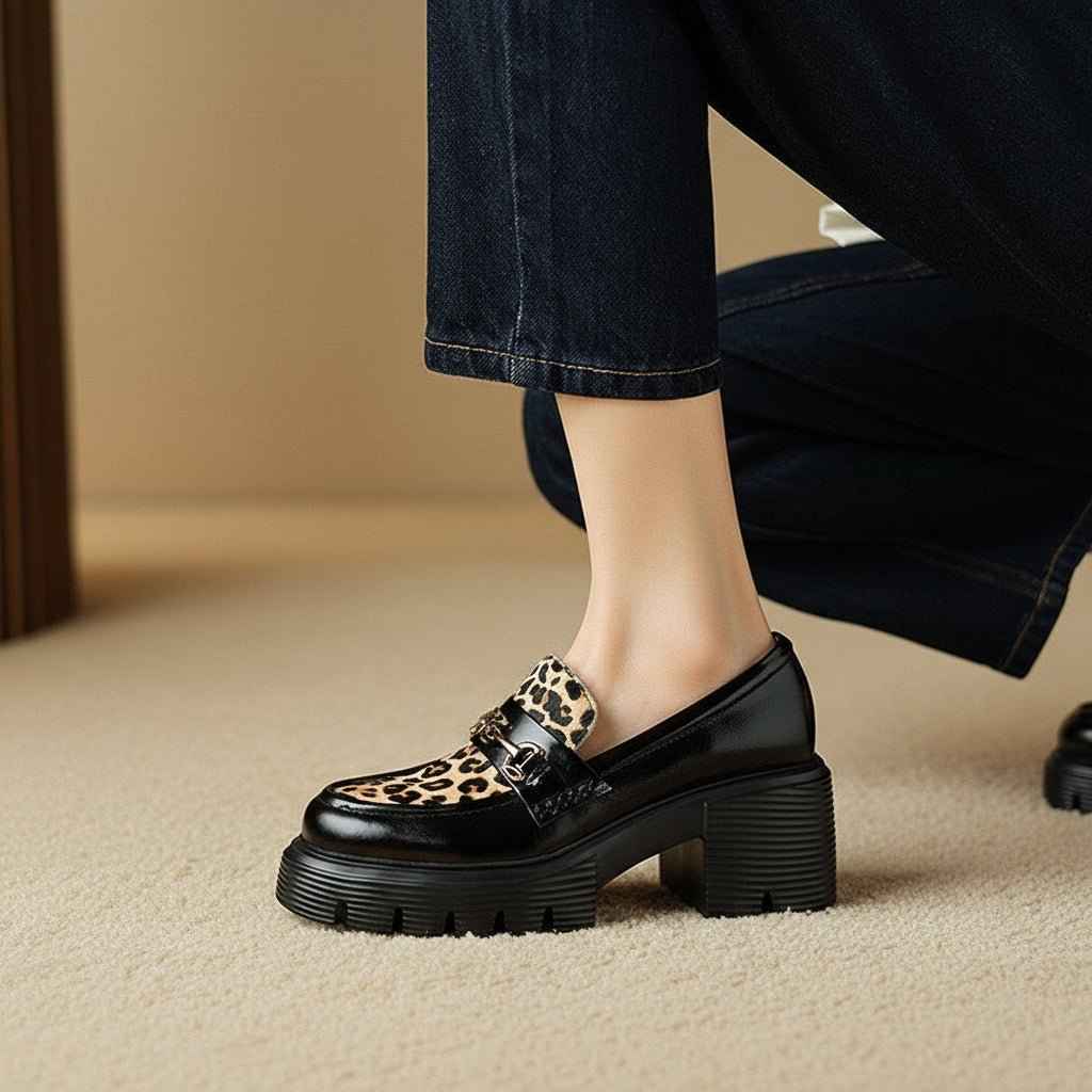 Mocassins Femme Cuir Léopard - Élégance et Confort avec Plateforme Slip-On