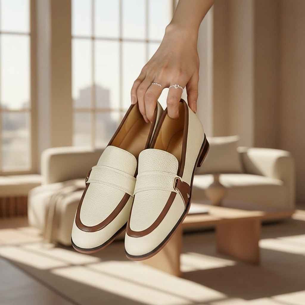 Mocassins Femme Cuir Premium - Bicolore Bout Rond Première Couche