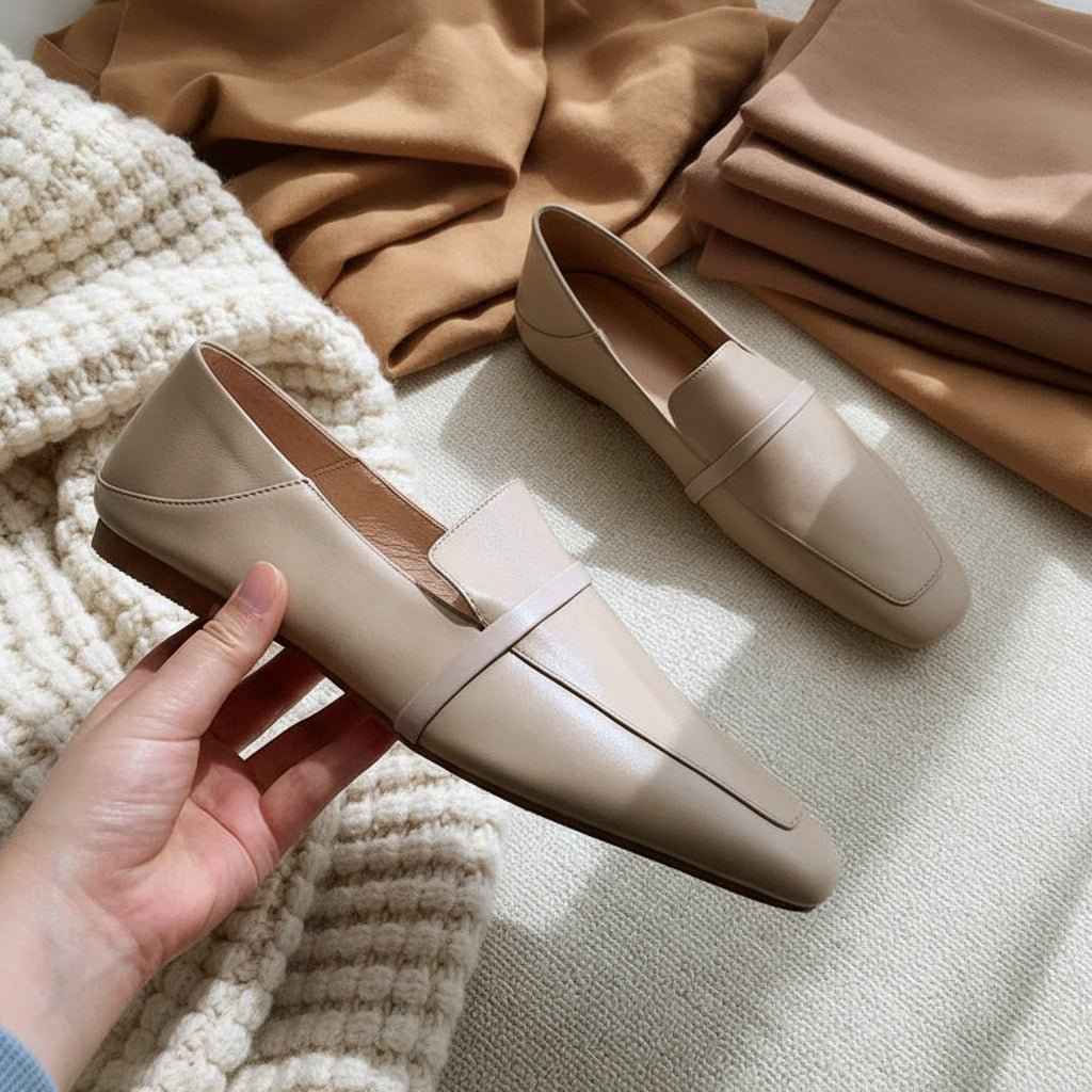 Mocassins Femme Cuir Vache Bout Carré - Chaussures Plates Style Britannique Rétro