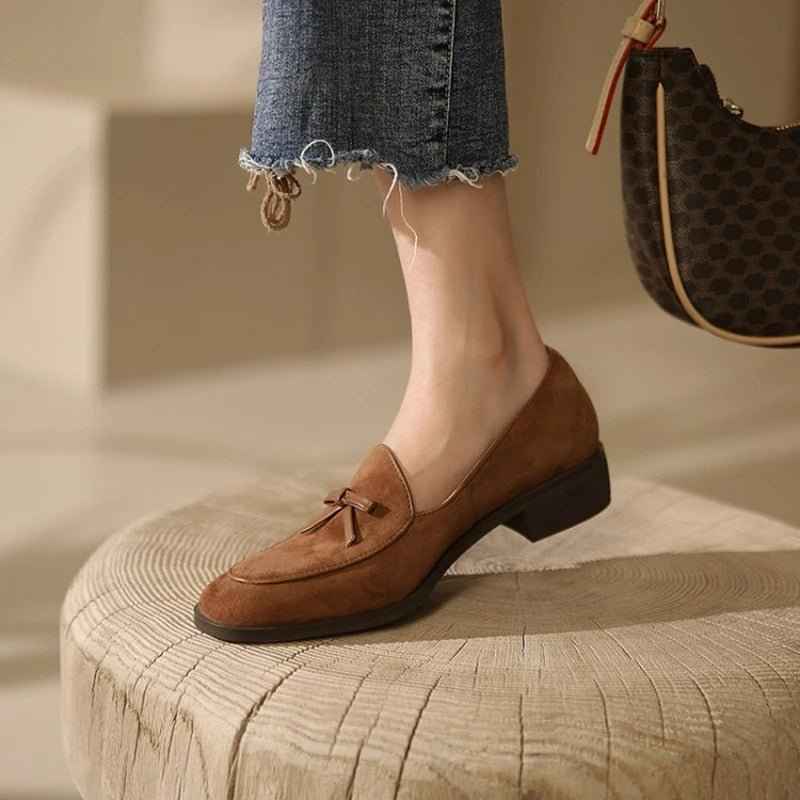 Mocassins Femme Cuir Vache Premium avec Nœud et Talons Épais Bout Rond