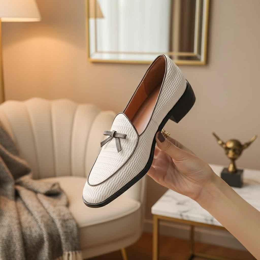 Mocassins Femme Cuir Vache Premium avec Nœud et Talons Épais Bout Rond