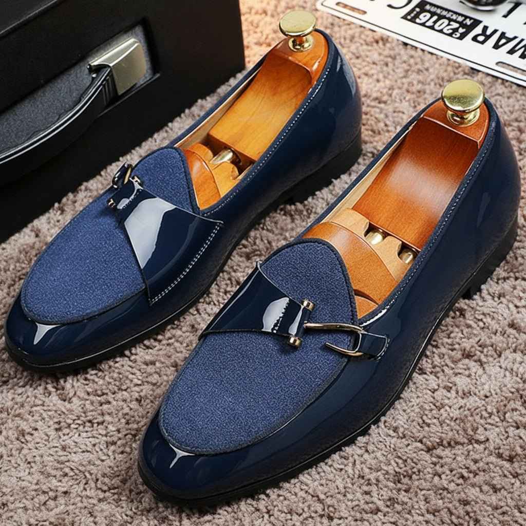 Mocassins Homme Cuir Verni Daim avec Boucle Métallique - Casual Tendance et Confort