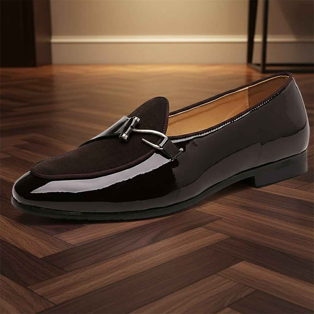 Mocassins Homme Cuir Verni Daim avec Boucle Métallique - Casual Tendance et Confort