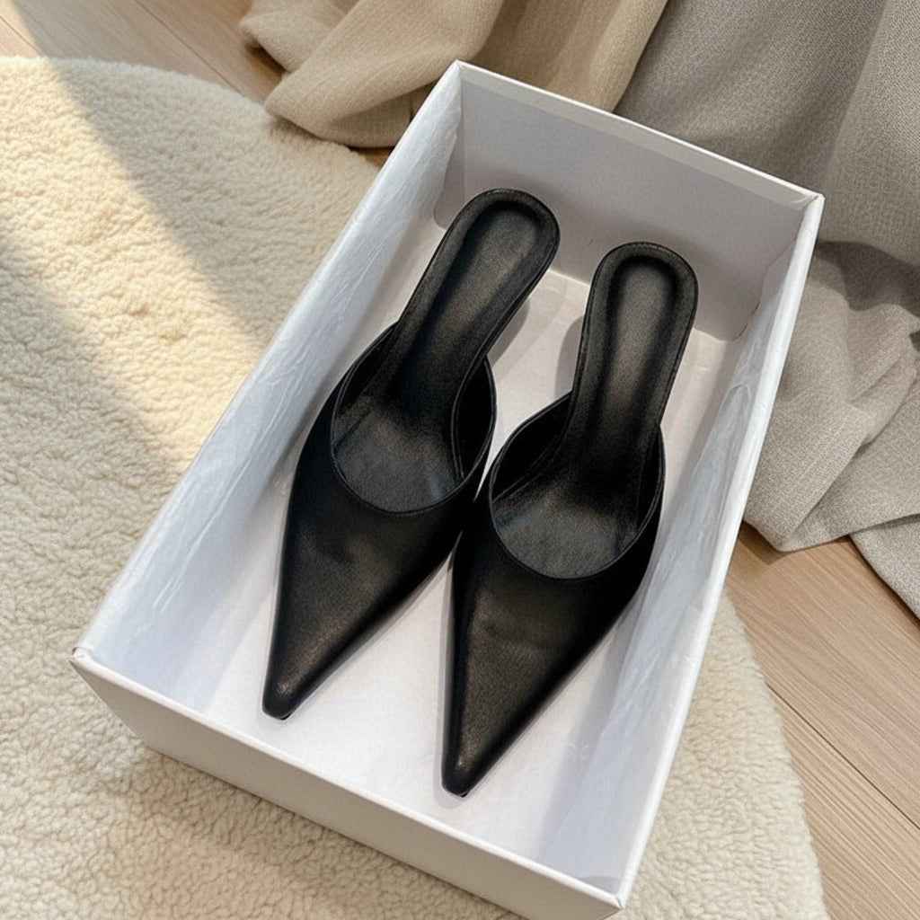 sandales Femme Cuir Véritable Bout Pointu - Sabots Français Talons Aiguilles