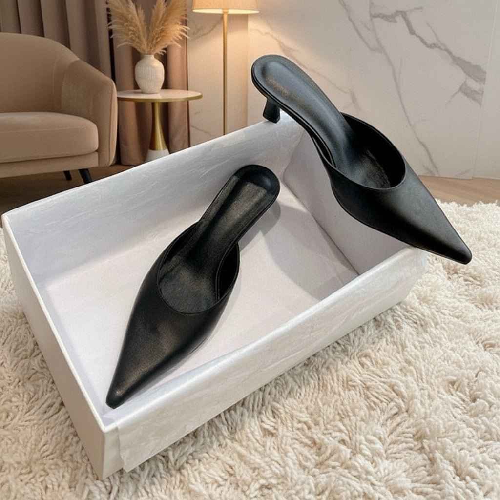 sandales Femme Cuir Véritable Bout Pointu - Sabots Français Talons Aiguilles