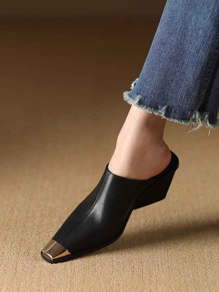 Sandales Femme Cuir Véritable Talons Hauts - Sabots Élégants Baotou Sans Talon Arrière