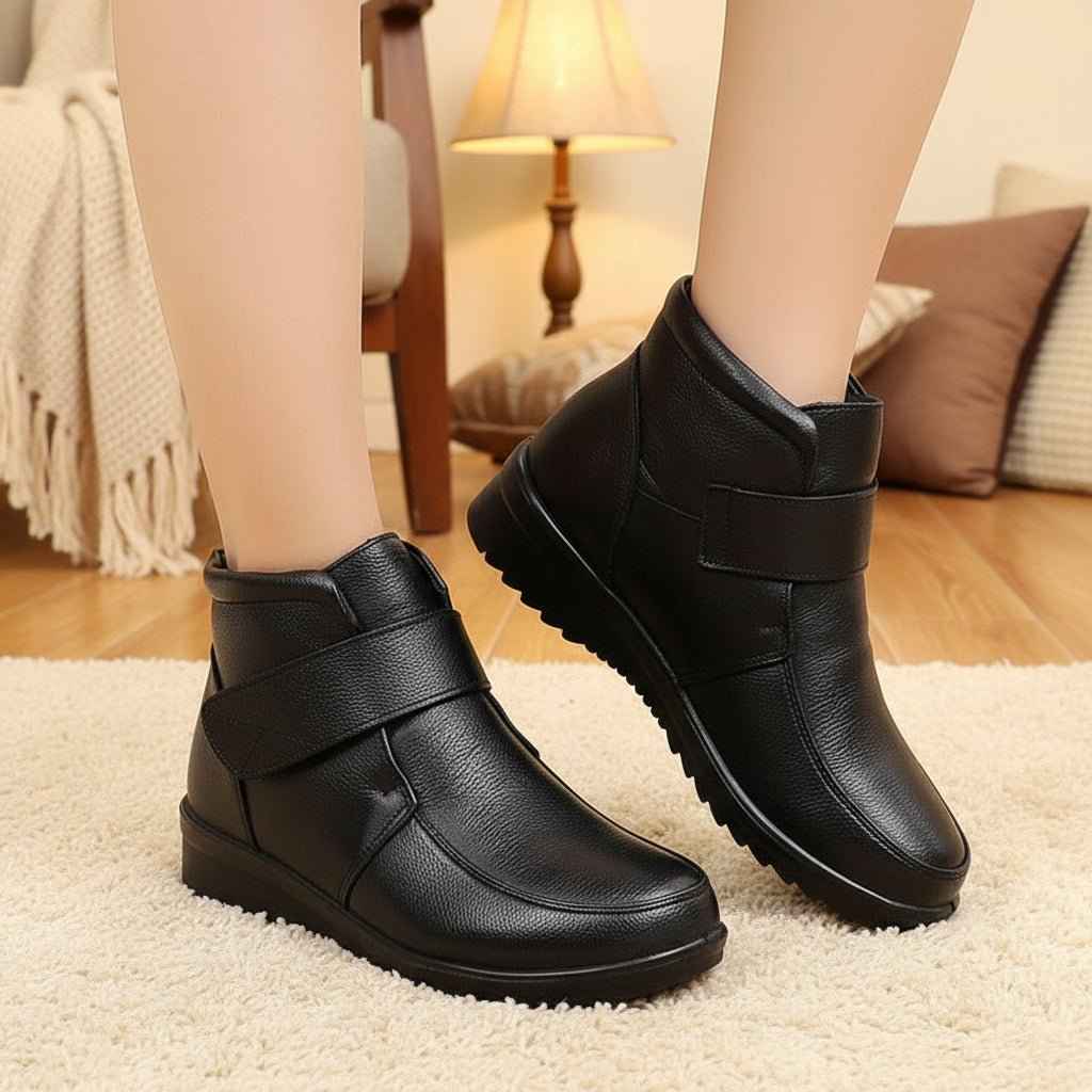 Bottines Femme Cuir Fourrées Hiver Légères avec Scratch - Chaussures Chaudes