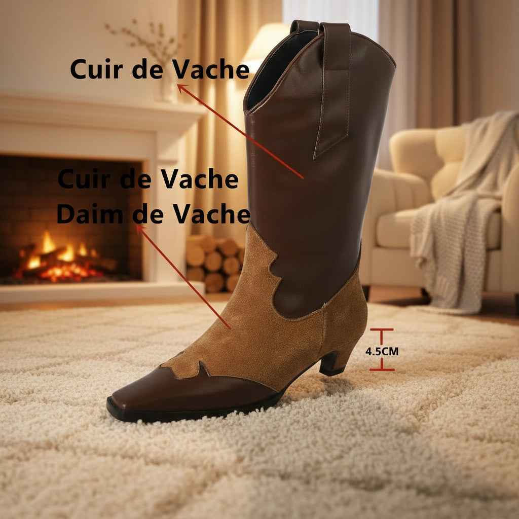 Bottines Femme Cuir Vache Western Mi-Mollet - Style Automne Hiver