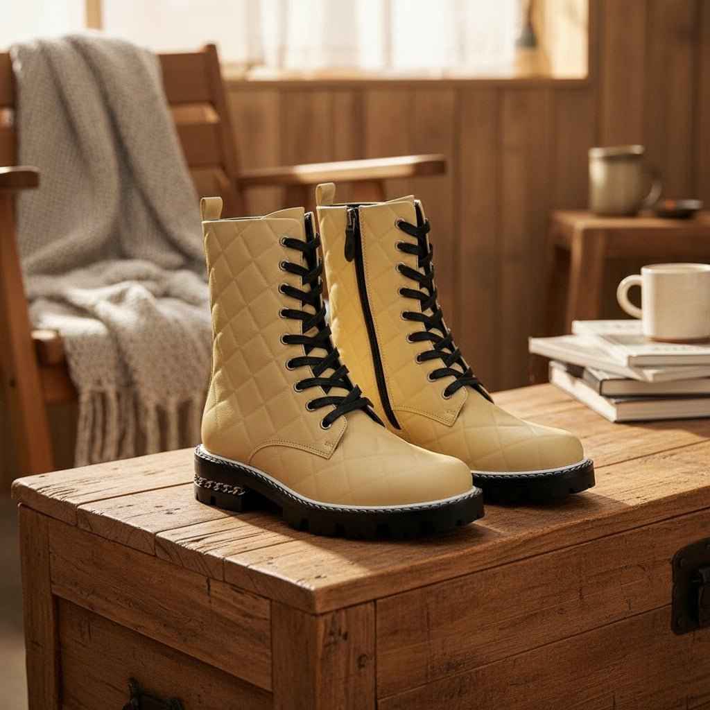 Bottines Femme Cuir Véritable à Lacets - Talon Bas  pour Automne Hiver
