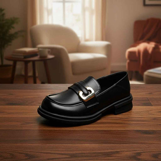 Mocassins Femme Cuir Rétro Style Britannique - Talon Épais Souple Slip-On