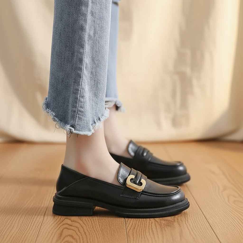 Mocassins Femme Cuir Rétro Style Britannique - Talon Épais Souple Slip-On