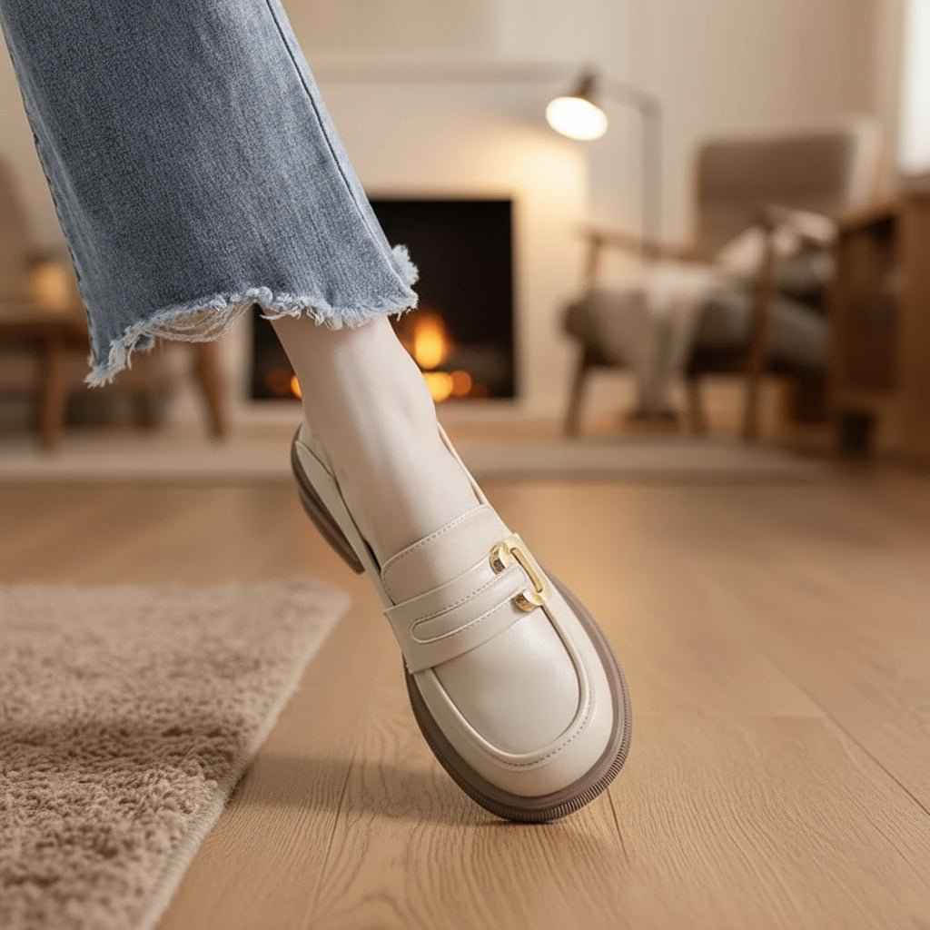 Mocassins Femme Cuir Rétro Style Britannique - Talon Épais Souple Slip-On