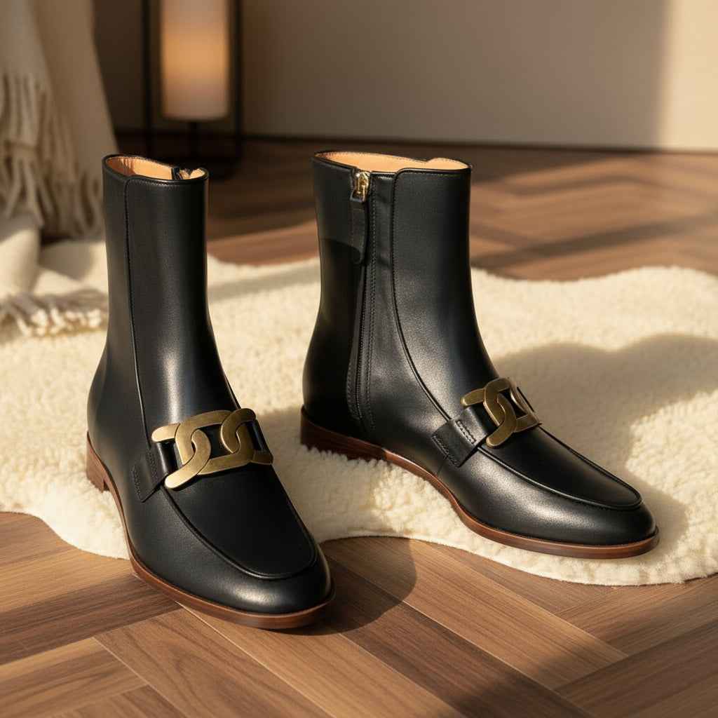 Chelsea Boots Femme Cuir Premium - Boucle Métallique et Talons Moyens pour Hiver