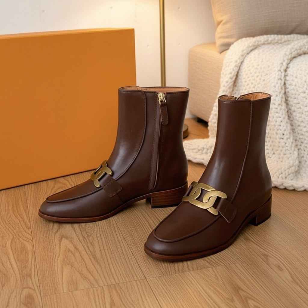 Chelsea Boots Femme Cuir Premium - Boucle Métallique et Talons Moyens pour Hiver