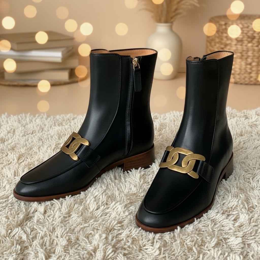 Chelsea Boots Femme Cuir Premium - Boucle Métallique et Talons Moyens pour Hiver