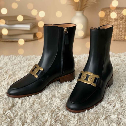 Chelsea Boots Femme Cuir Premium - Boucle Métallique et Talons Moyens pour Hiver