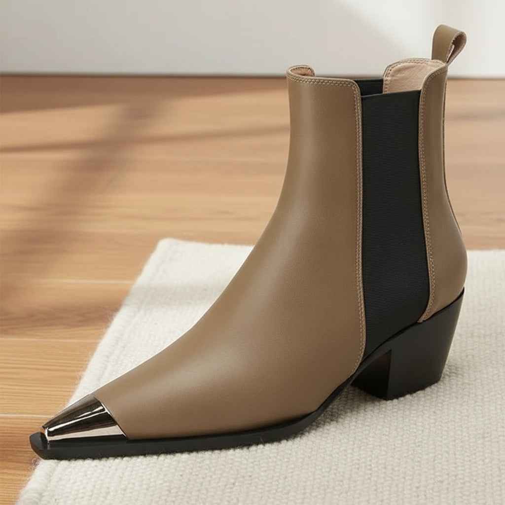 Chelsea Boots Femme Cuir Vache avec Talons Épais et Décoration Métallique - Idéal pour le Bureau en Automne