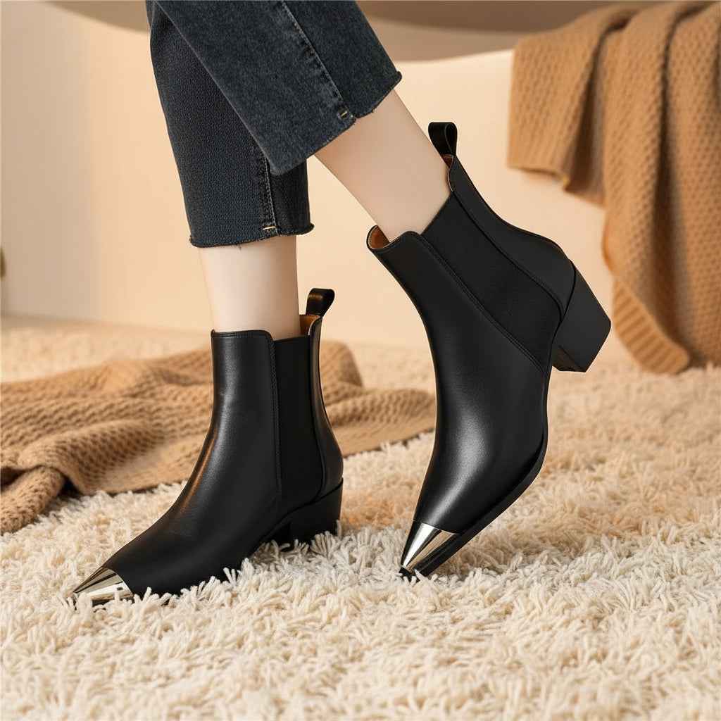 Chelsea Boots Femme Cuir Vache avec Talons Épais et Décoration Métallique - Idéal pour le Bureau en Automne
