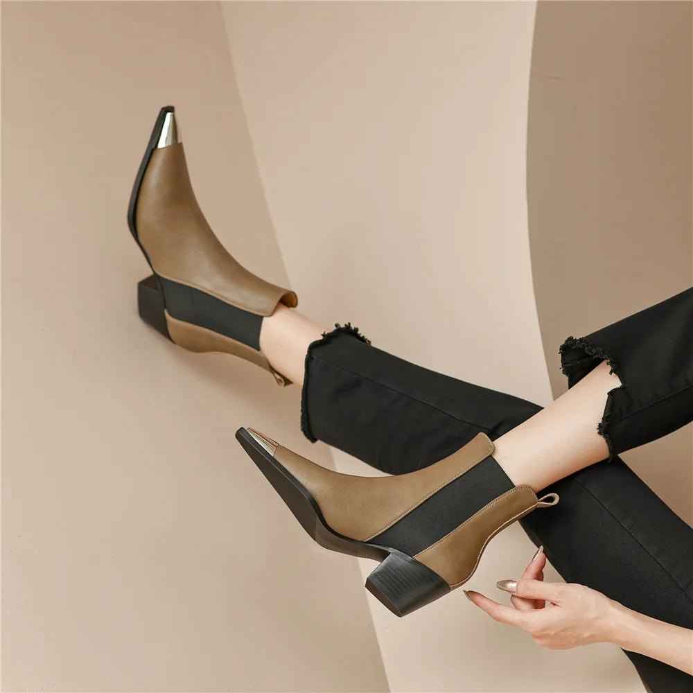 Chelsea Boots Femme Cuir Vache avec Talons Épais et Décoration Métallique - Idéal pour le Bureau en Automne