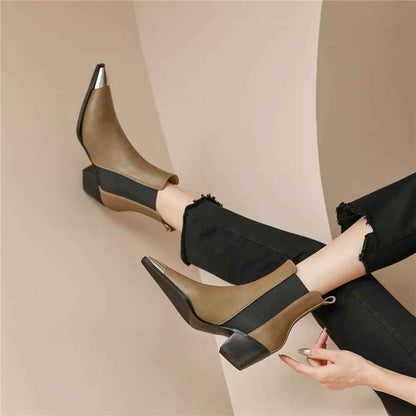 Chelsea Boots Femme Cuir Vache avec Talons Épais et Décoration Métallique - Idéal pour le Bureau en Automne