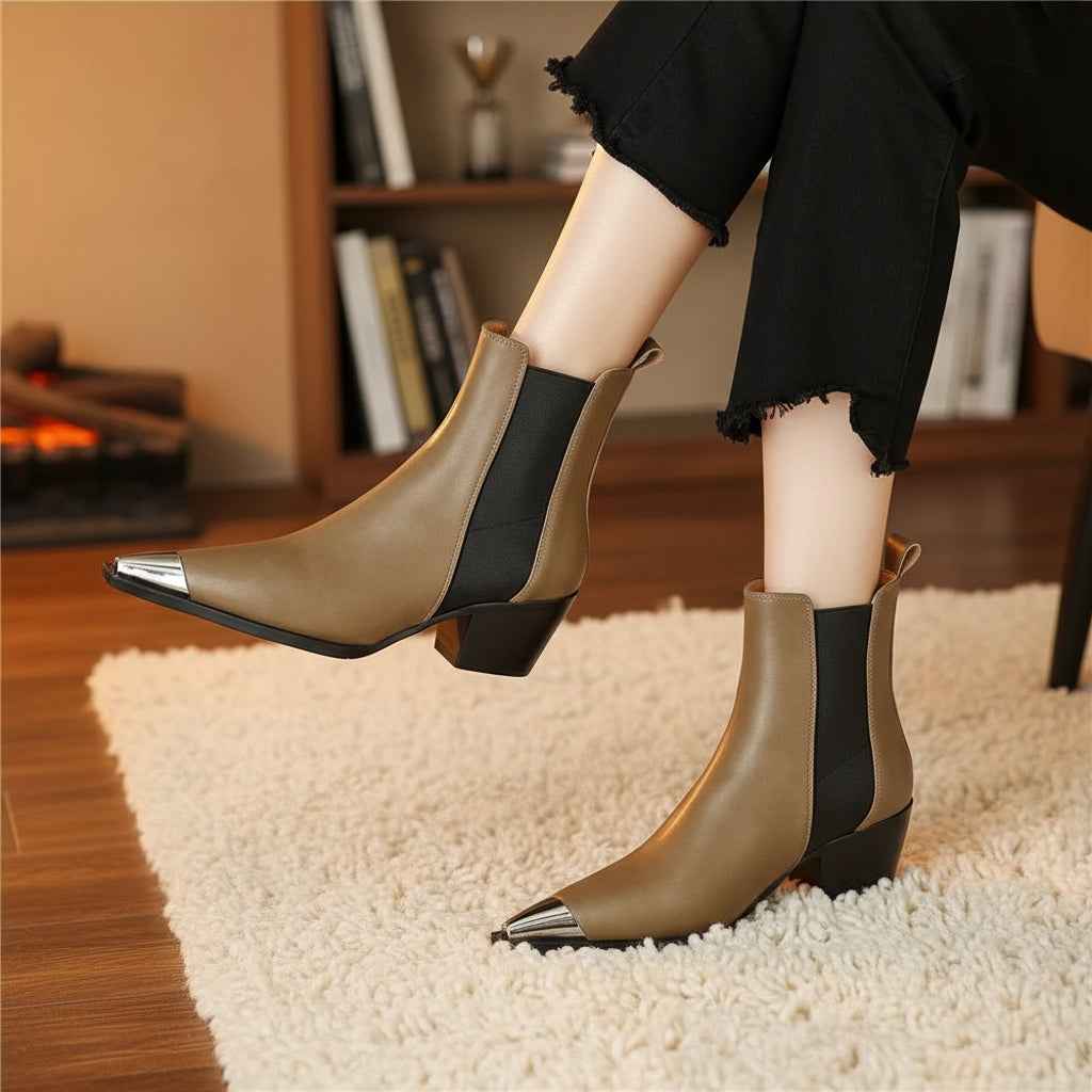 Chelsea Boots Femme Cuir Vache avec Talons Épais et Décoration Métallique - Idéal pour le Bureau en Automne