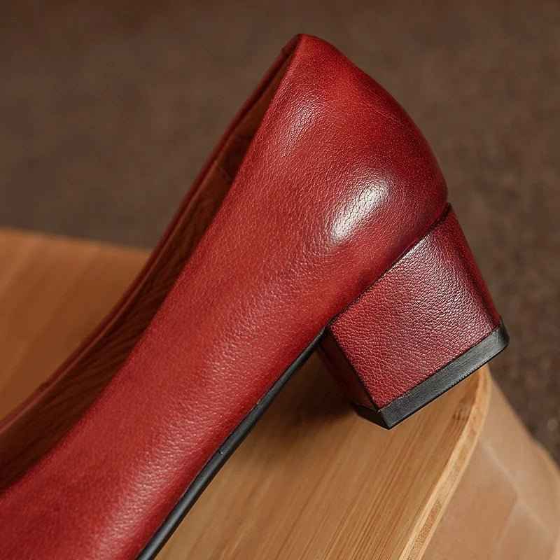 Escarpins Femme Cuir Véritable Rouge - Talons Épais Confort Bureau Élégants