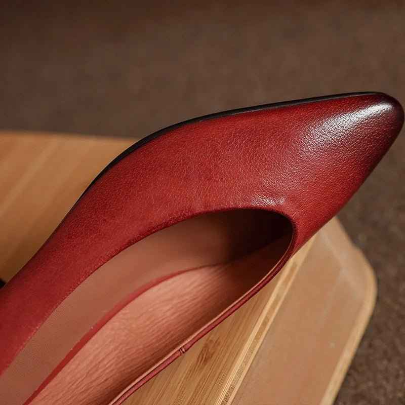 Escarpins Femme Cuir Véritable Rouge - Talons Épais Confort Bureau Élégants