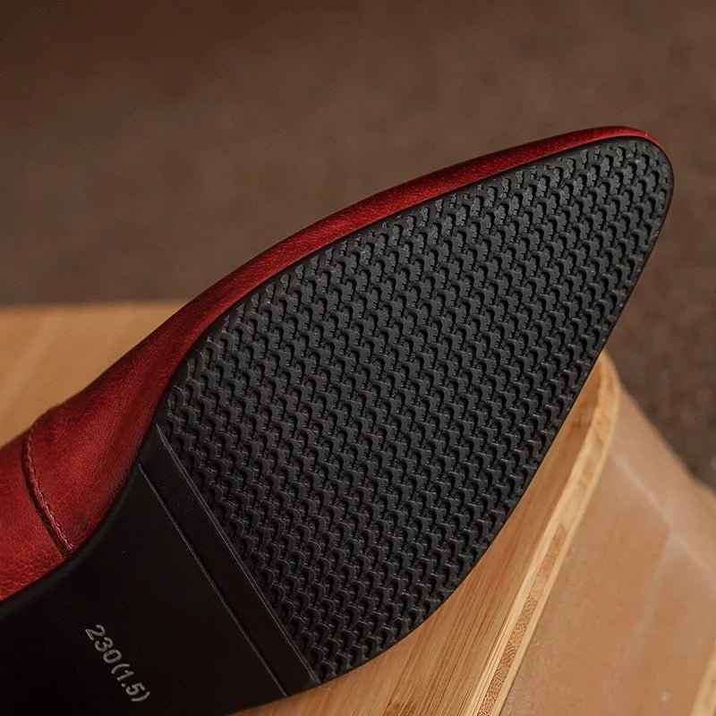 Escarpins Femme Cuir Véritable Rouge - Talons Épais Confort Bureau Élégants