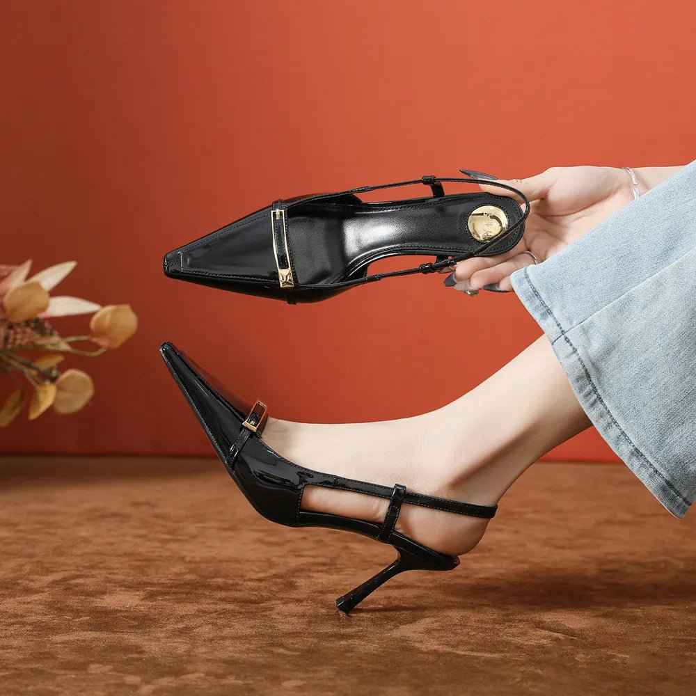 Escarpins Femme Cuir Verni Bout Pointu - Talons Hauts avec Bride Arrière