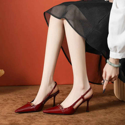 Escarpins Femme Cuir Verni Bout Pointu - Talons Hauts avec Bride Arrière