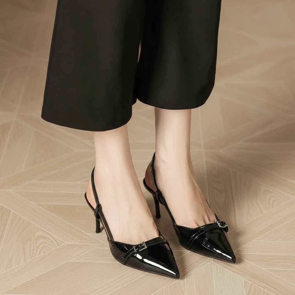 Escarpins Slingback Cuir Verni Femme - Talons Hauts Élégants Bout Pointu et Bride