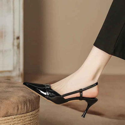 Escarpins Slingback Cuir Verni Femme - Talons Hauts Élégants Bout Pointu et Bride