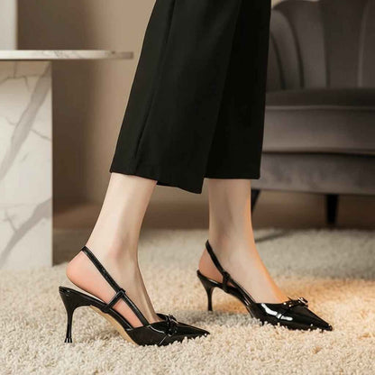 Escarpins Slingback Cuir Verni Femme - Talons Hauts Élégants Bout Pointu et Bride