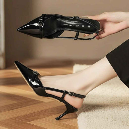 Escarpins Slingback Cuir Verni Femme - Talons Hauts Élégants Bout Pointu et Bride