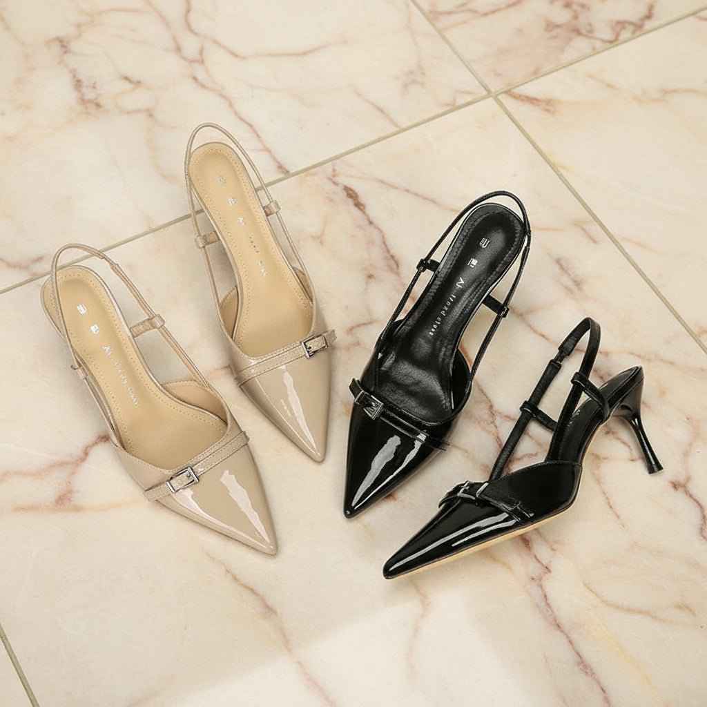 Escarpins Slingback Cuir Verni Femme - Talons Hauts Élégants Bout Pointu et Bride