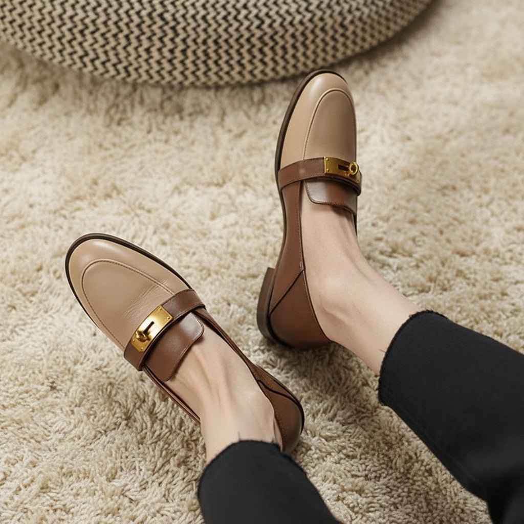 Mocassins Cuir Premium Beige Designer avec Cadenas